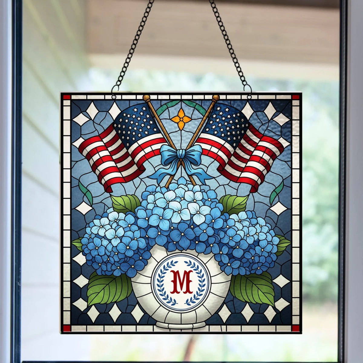 Personalized Patriotic Chinoiserie Blue Hydrangeas Acrylic Suncatcher - Window Hanging Gift For Family