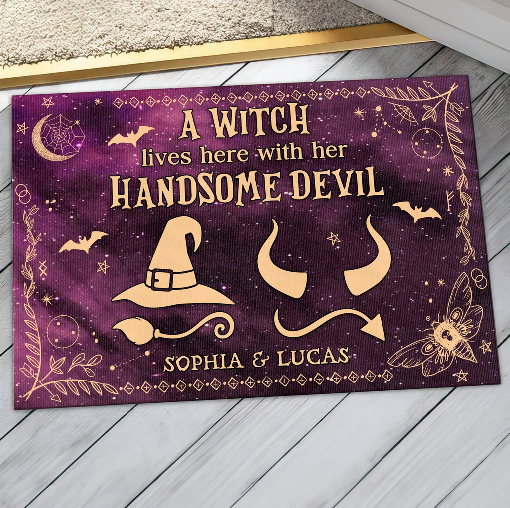 Personalized Witch & Devil Doormat - Gift Idea For Couple - A Witch Lives Here With Her Handsome Devil