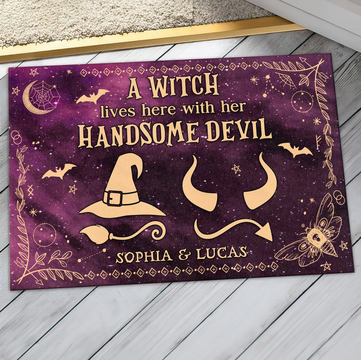 Personalized Witch & Devil Doormat - Gift Idea For Couple - A Witch Lives Here With Her Handsome Devil