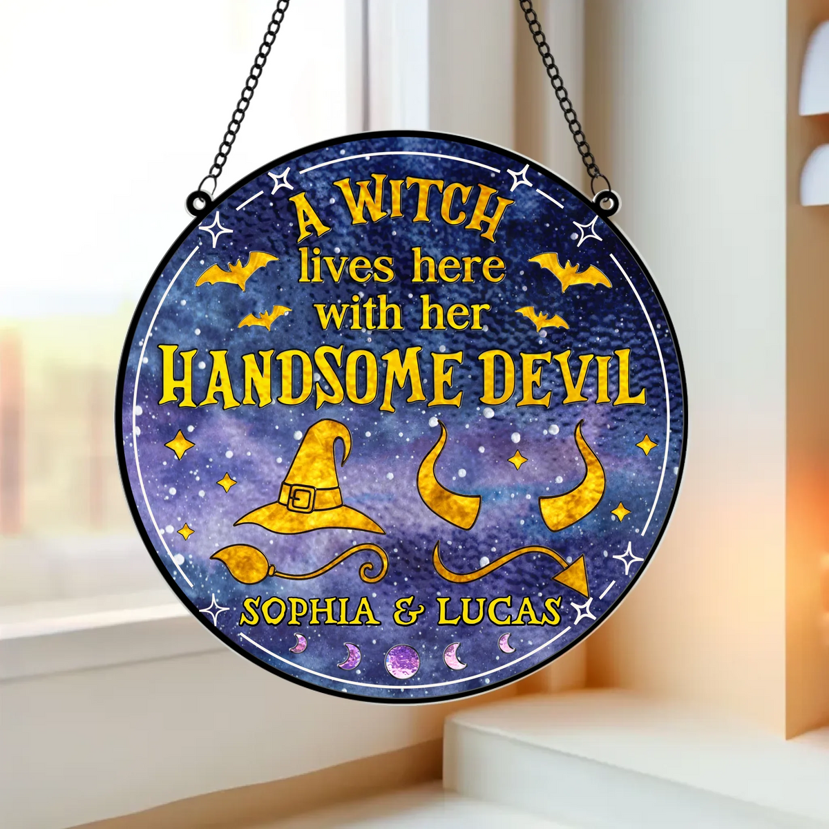 Personalized Witch & Devil Acrylic Suncatcher - Gift Idea For Couple - A Witch Lives Here With Her Handsome Devil