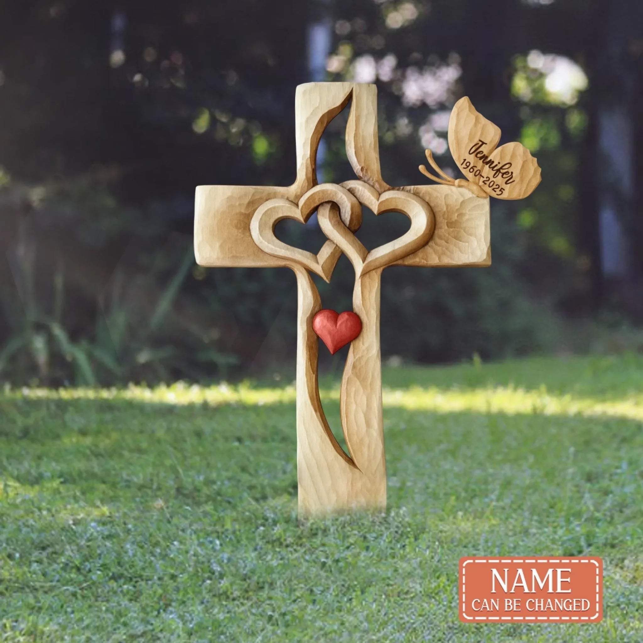 Personalized Memorial Cross With Two Hearts Metal Sign - Memorial Gift Idea