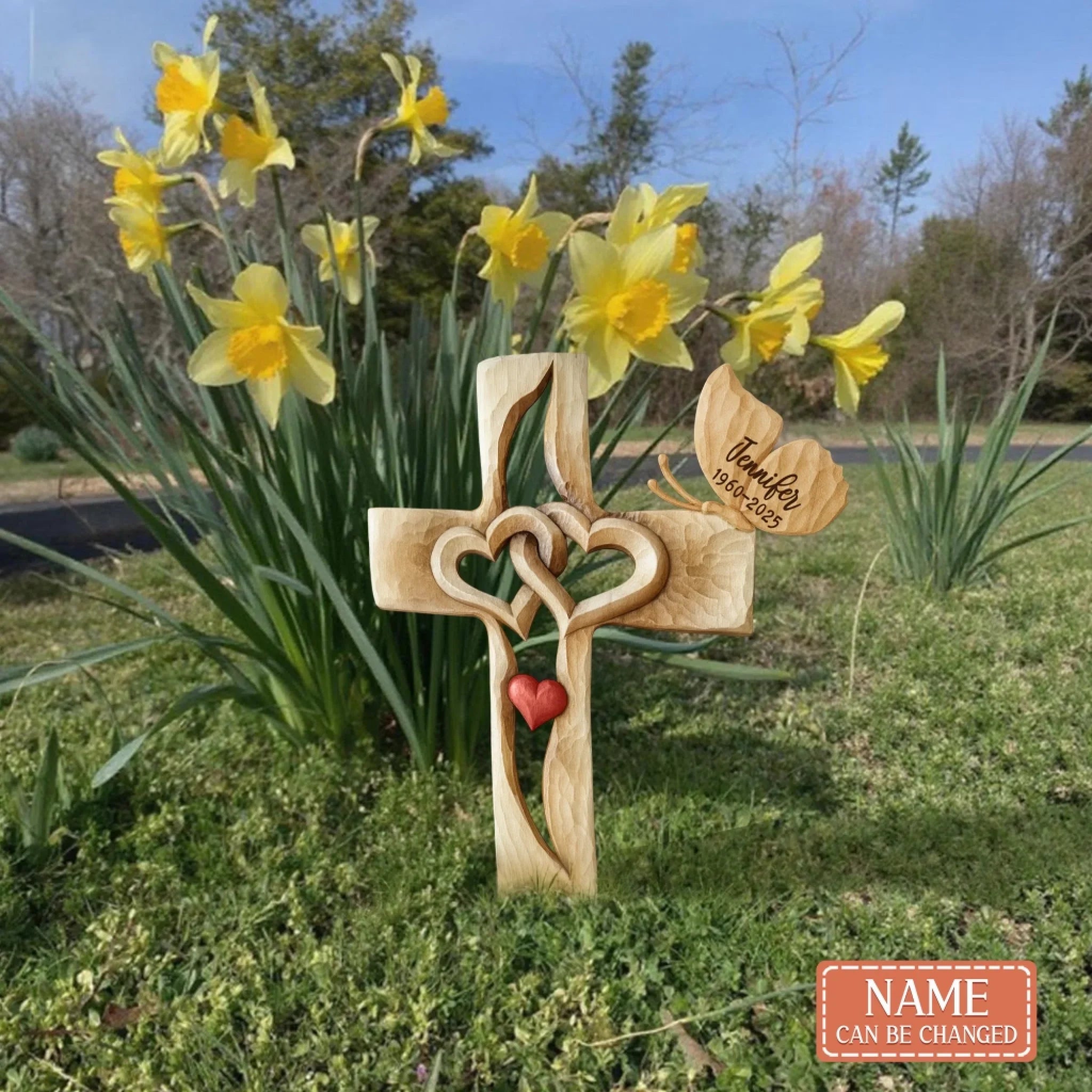 Personalized Memorial Cross With Two Hearts Metal Sign - Memorial Gift Idea