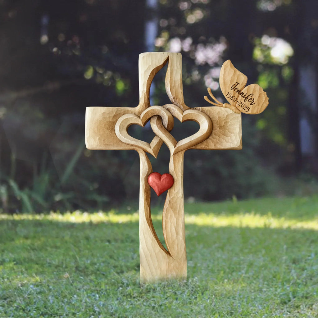 Personalized Memorial Cross With Two Hearts Metal Sign - Memorial Gift Idea