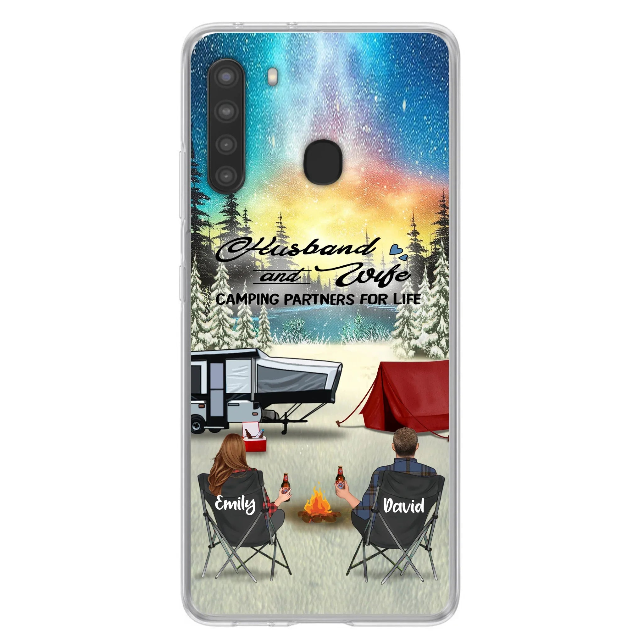 Custom Personalized Camping Xmas Phone Case - Christmas Gift For Camping Family/Couple/Single Parent/Solo - Upto 3 Kids and 4 Pets - Husband And Wife Camping Partners For Life - Case For iPhone And Samsung