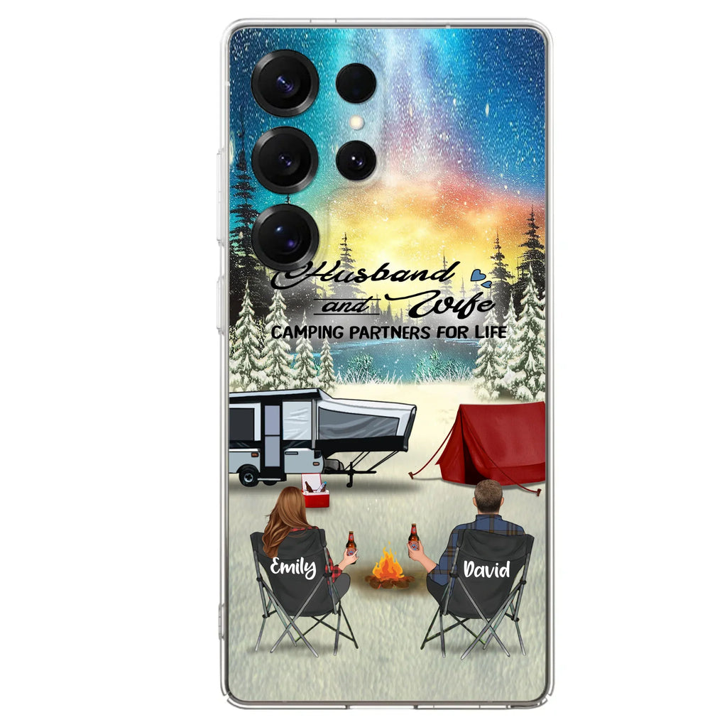 Custom Personalized Camping Xmas Phone Case - Christmas Gift For Camping Family/Couple/Single Parent/Solo - Upto 3 Kids and 4 Pets - Husband And Wife Camping Partners For Life - Case For iPhone And Samsung