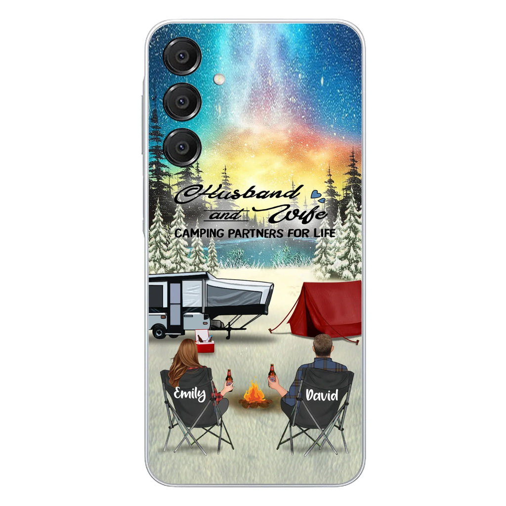 Custom Personalized Camping Xmas Phone Case - Christmas Gift For Camping Family/Couple/Single Parent/Solo - Upto 3 Kids and 4 Pets - Husband And Wife Camping Partners For Life - Case For iPhone And Samsung