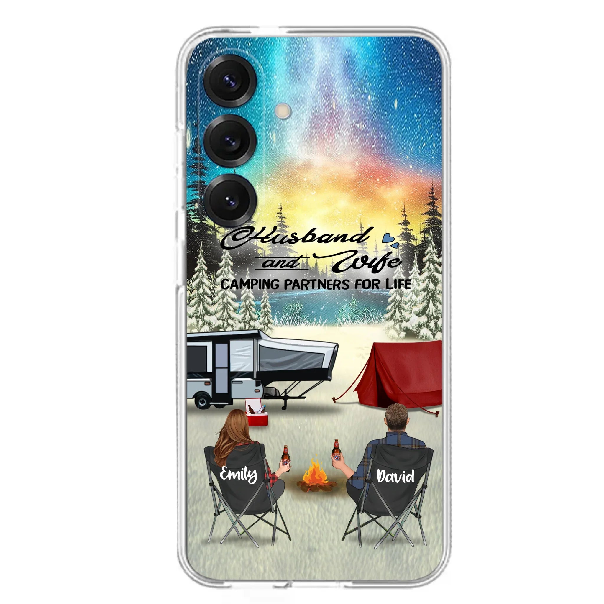 Custom Personalized Camping Xmas Phone Case - Christmas Gift For Camping Family/Couple/Single Parent/Solo - Upto 3 Kids and 4 Pets - Husband And Wife Camping Partners For Life - Case For iPhone And Samsung