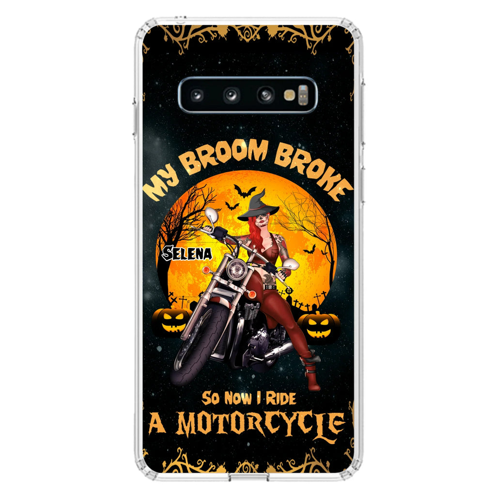 Custom Personalized Witch Phone Case - Upto 4 Dogs - Halloween Gifts For Friends/Dog Lovers  - My Broom Broke So Now I Ride A Motorcycle - Case For iPhone/Samsung