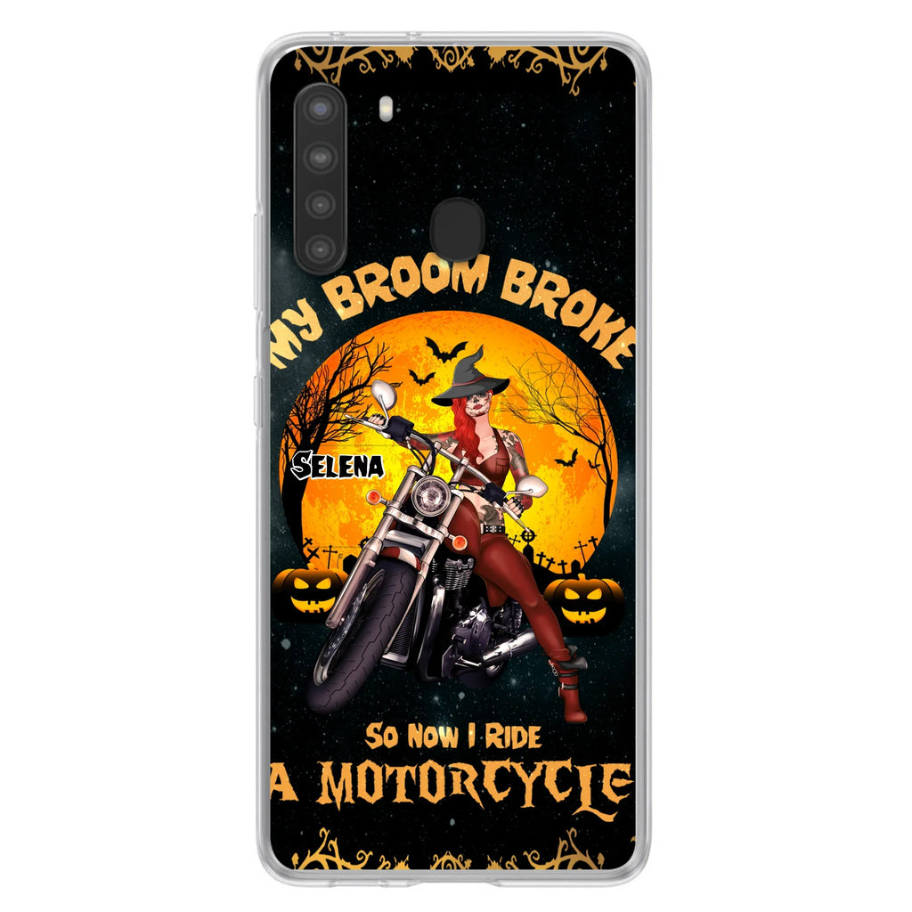 Custom Personalized Witch Phone Case - Upto 4 Dogs - Halloween Gifts For Friends/Dog Lovers  - My Broom Broke So Now I Ride A Motorcycle - Case For iPhone/Samsung