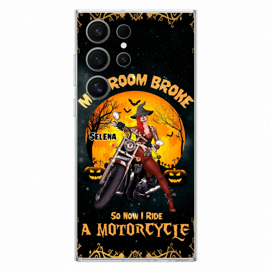 Custom Personalized Witch Phone Case - Upto 4 Dogs - Halloween Gifts For Friends/Dog Lovers  - My Broom Broke So Now I Ride A Motorcycle - Case For iPhone/Samsung