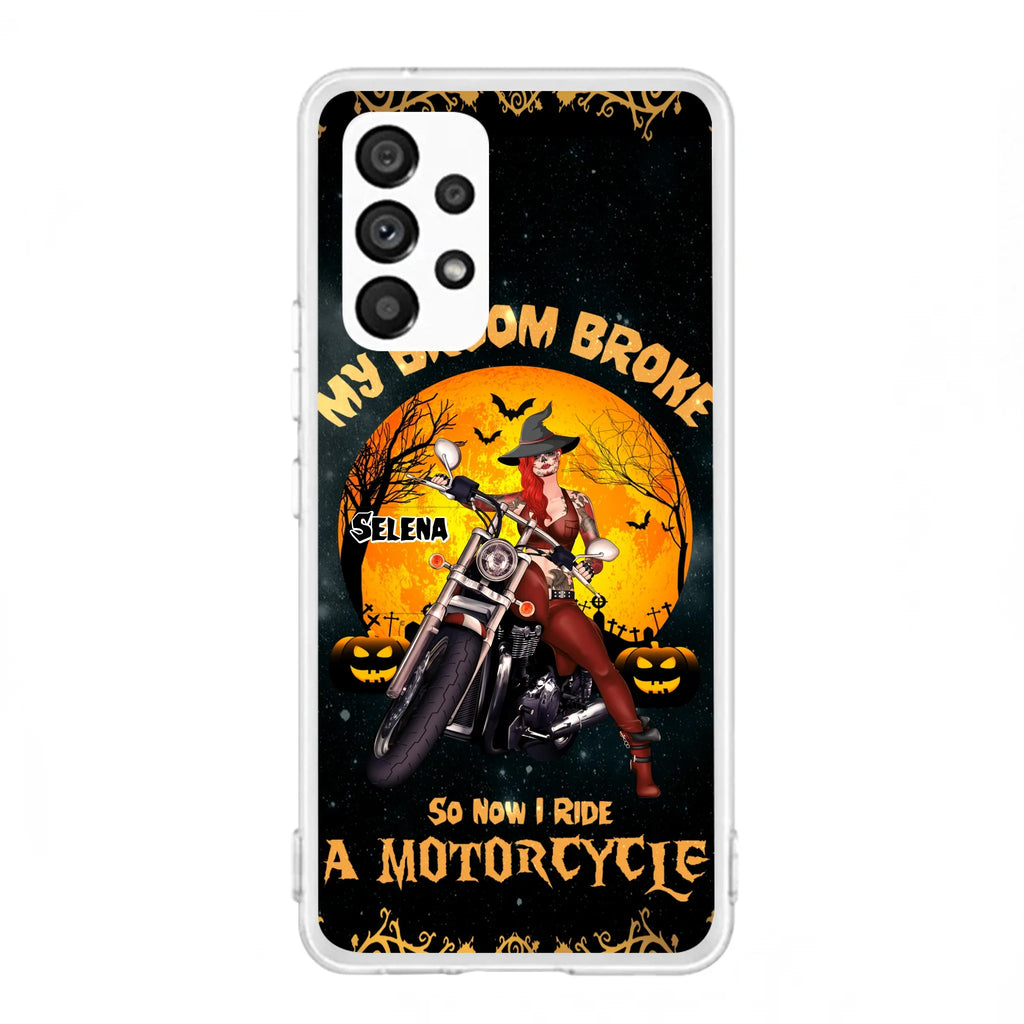 Custom Personalized Witch Phone Case - Upto 4 Dogs - Halloween Gifts For Friends/Dog Lovers  - My Broom Broke So Now I Ride A Motorcycle - Case For iPhone/Samsung