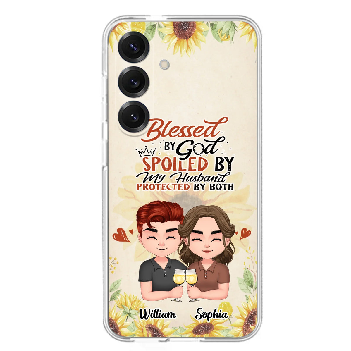 Custom Personalized Chibi Couple Phone Case - Gift Idea For Couple - Blessed By God, Spoiled By My Husband, Protected By Both - Case For iPhone & Samsung