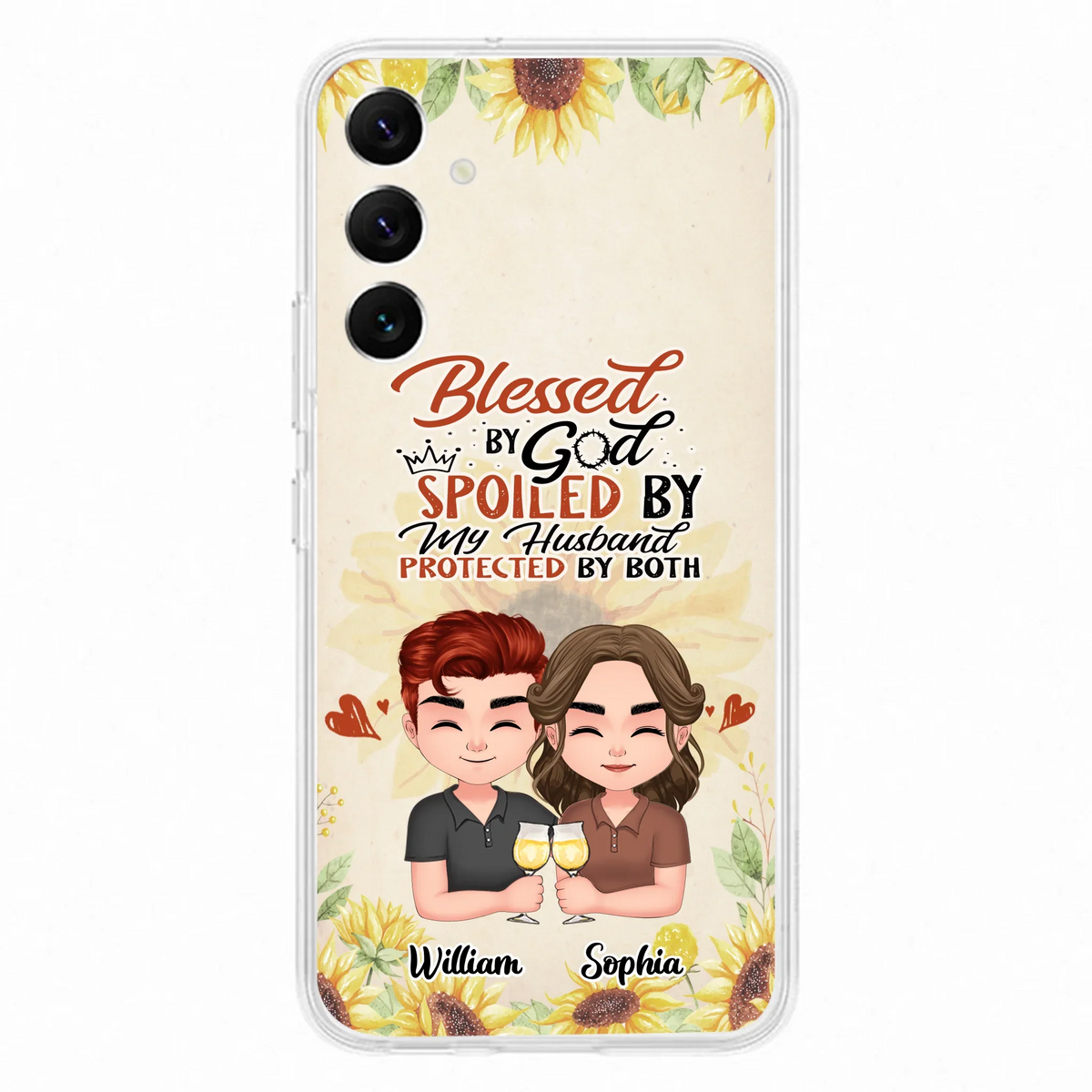 Custom Personalized Chibi Couple Phone Case - Gift Idea For Couple - Blessed By God, Spoiled By My Husband, Protected By Both - Case For iPhone & Samsung