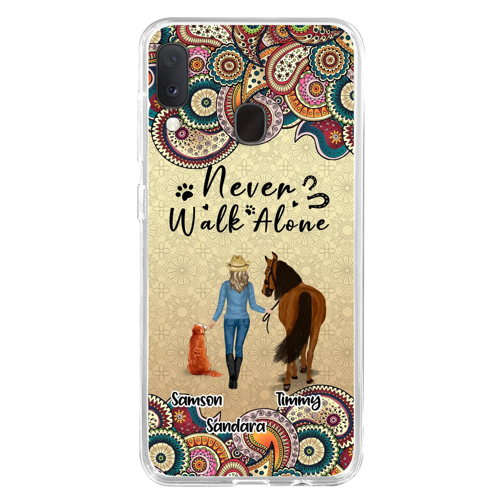 Custom Personalized Horse And Dog Phone Case - Upto 2 Dogs - Gift Idea For Horse/Dog Lovers - Never Walk Alone - Case For iPhone/Samsung