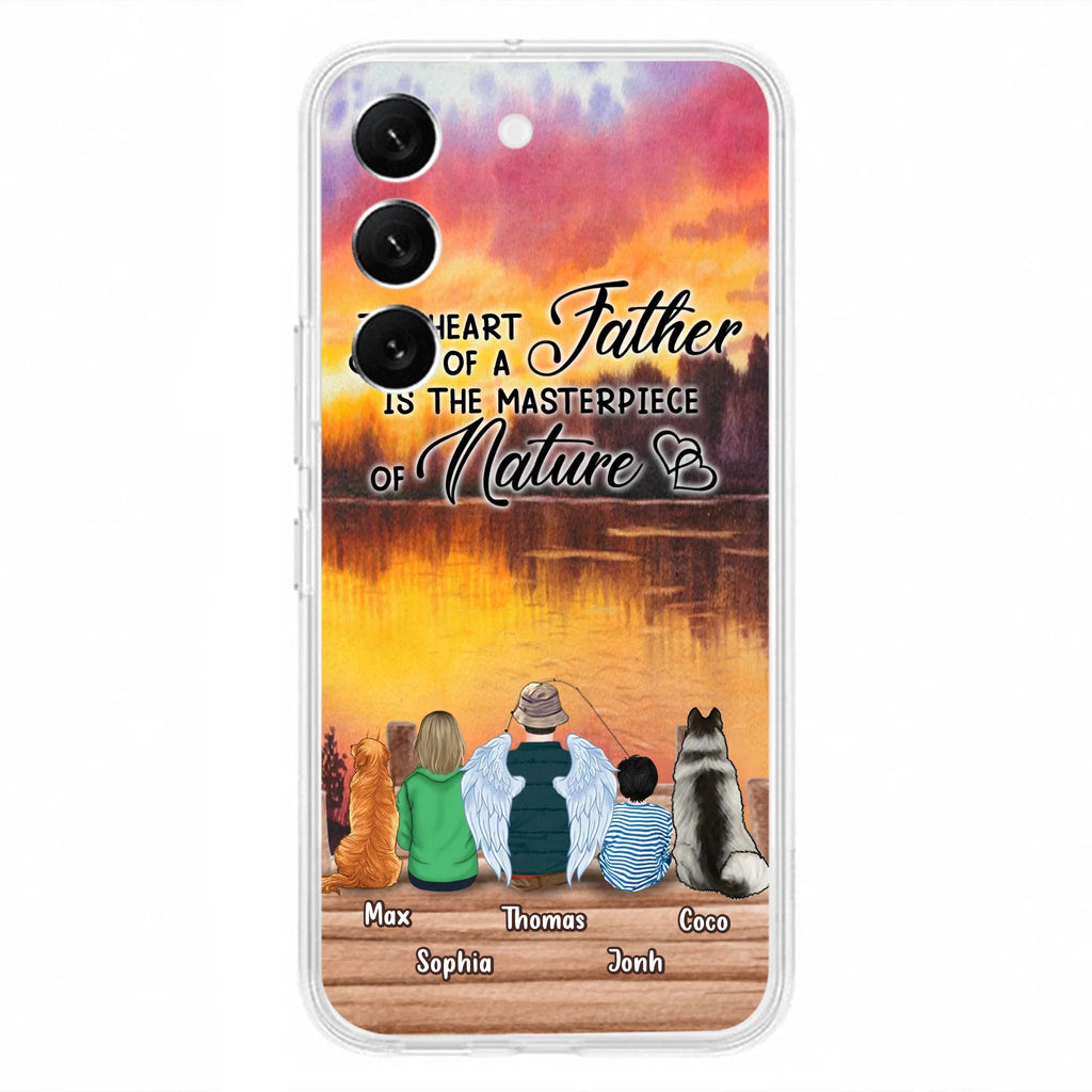 Custom Personalized Father Fishing Phone Case - Father With Up to 2 Kids And 2 Pets - Gift Idea For Father/ Fishing Lover - The Heart Of A Father Is The Masterpiece Of Nature - Case For iPhone And Samsung