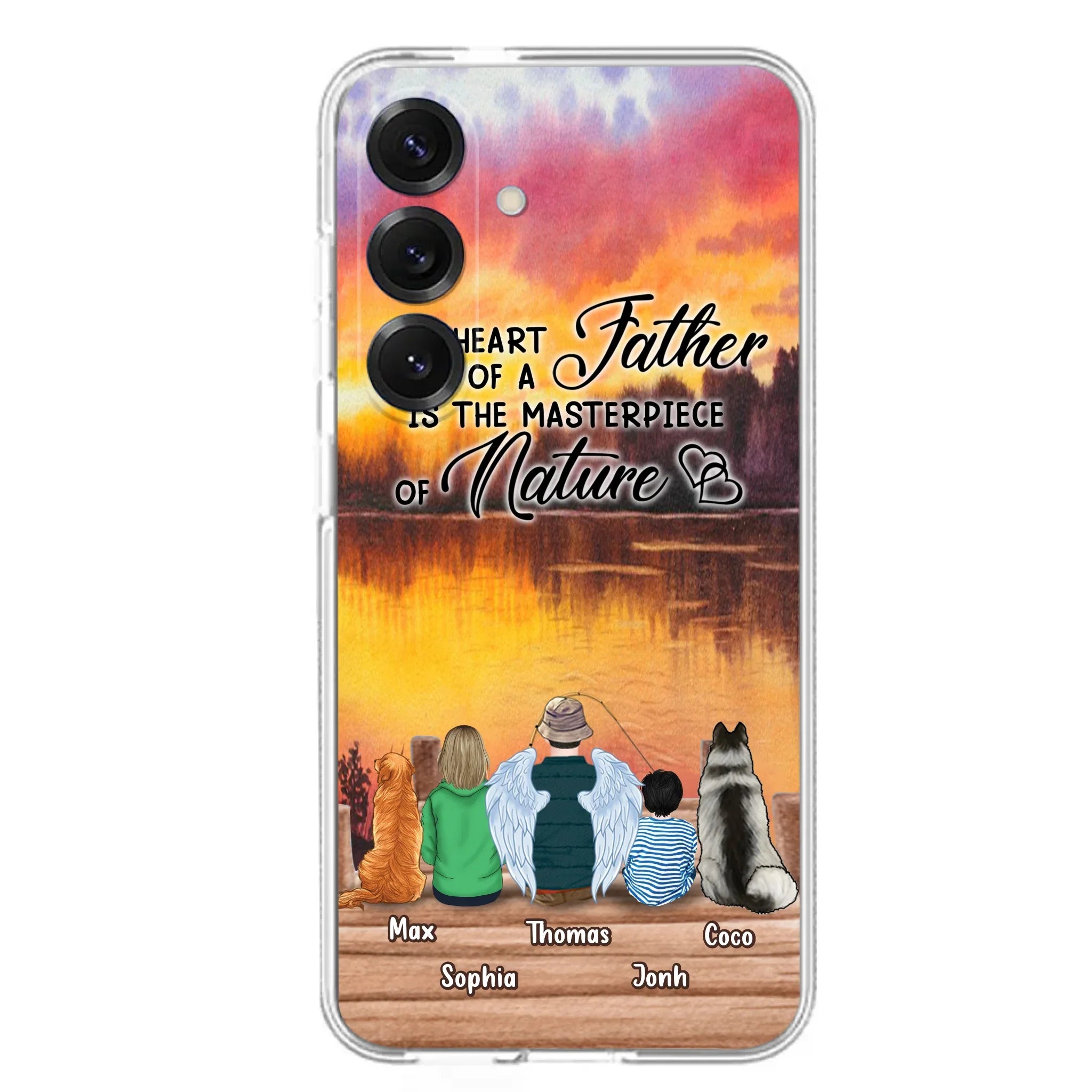 Custom Personalized Father Fishing Phone Case - Father With Up to 2 Kids And 2 Pets - Gift Idea For Father/ Fishing Lover - The Heart Of A Father Is The Masterpiece Of Nature - Case For iPhone And Samsung