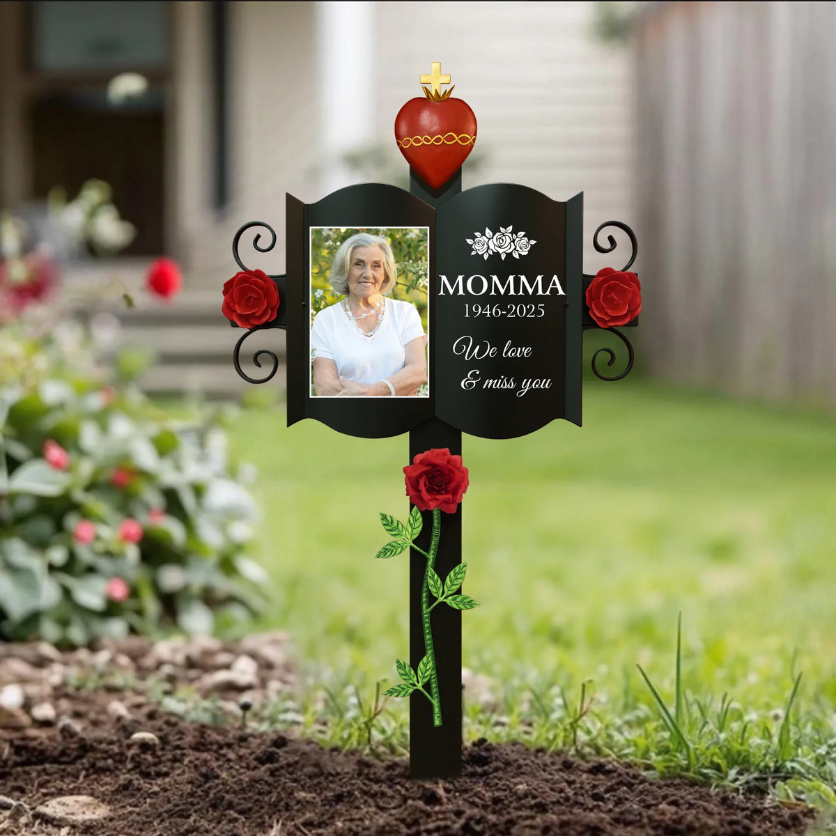 Personalized Memorial Rosy Cross Stake Metal Sign - Memorial Gift Idea - Upload Photo