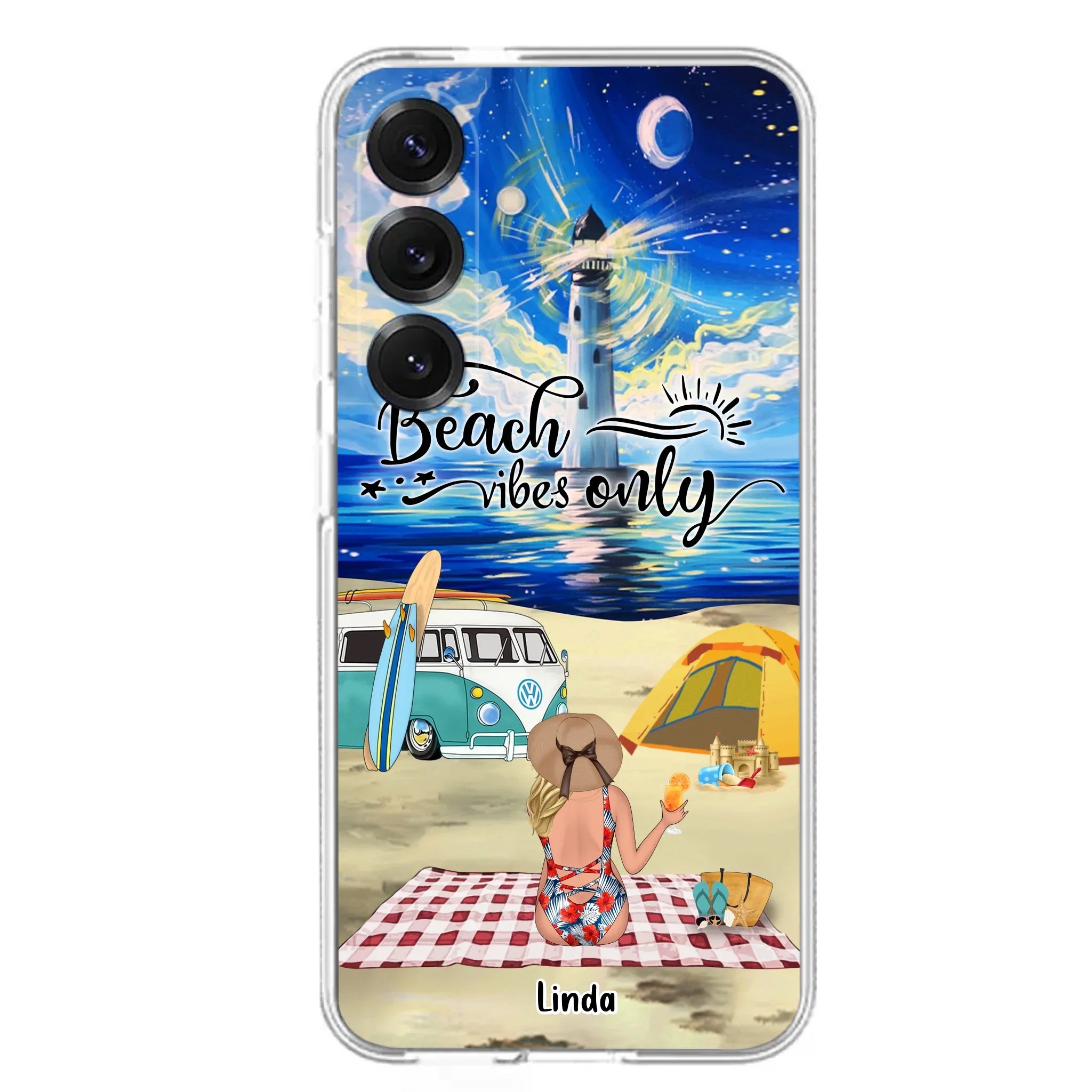 Custom Personalized Camping Beach Phone Case - Upto 4 People - Best Gift For Camping/Couple Lover - The Beach Is Our Happy Place - Case For iPhone And Samsung