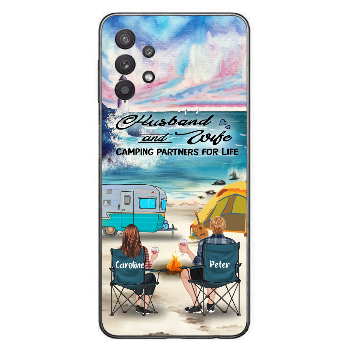 Custom Personalized Beach Camping Phone Case - Couple/ Parents With Upto 3 Kids And 3 Pets - Gift Idea For Camping Lover - Case For iPhone And Samsung