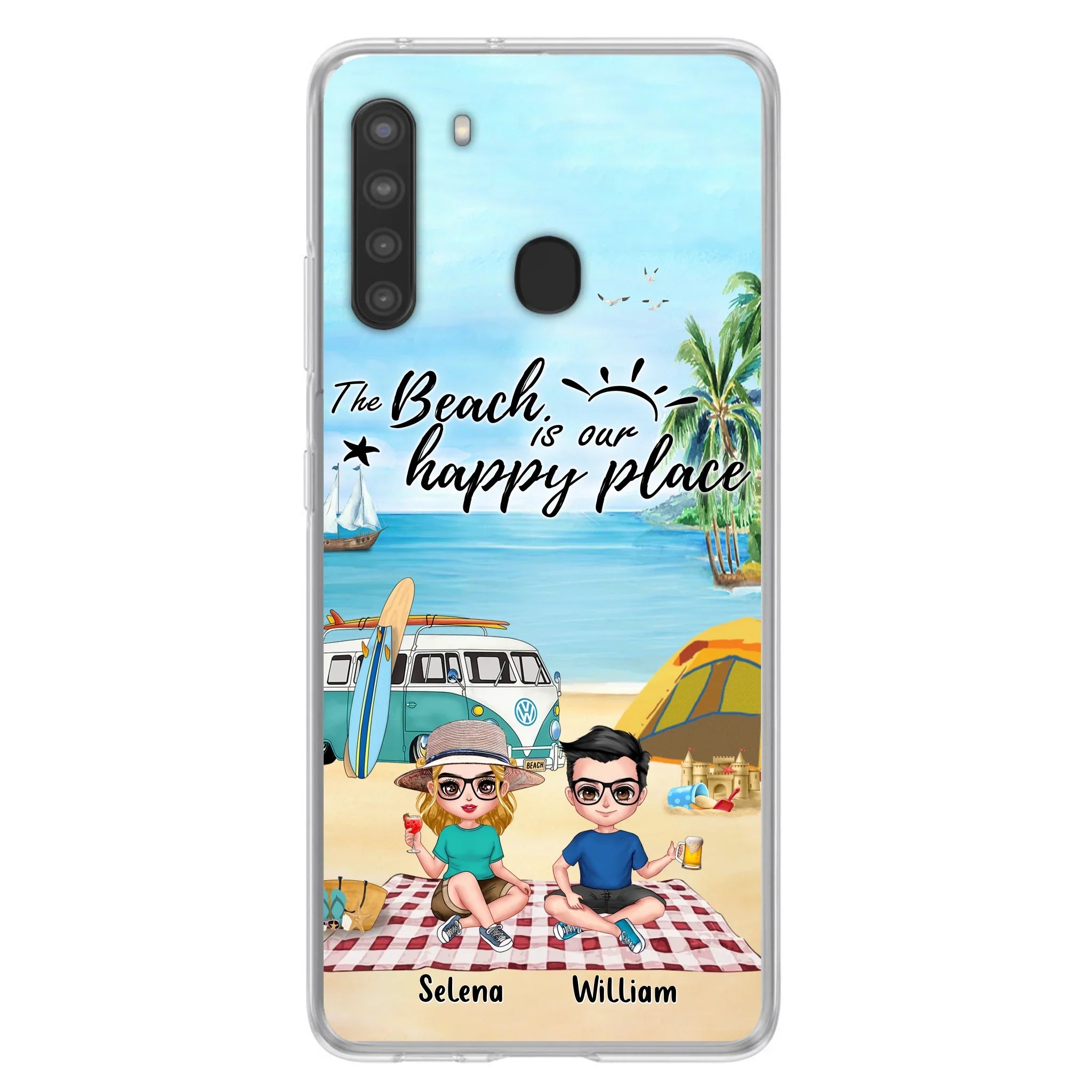 Custom Personalized Summer Beach Picnic Camping Phone Case - Upto 5 People - Gift Idea For Camping Couple/ Friends - The Beach Is Our Happy Place - Case For iPhone And Samsung