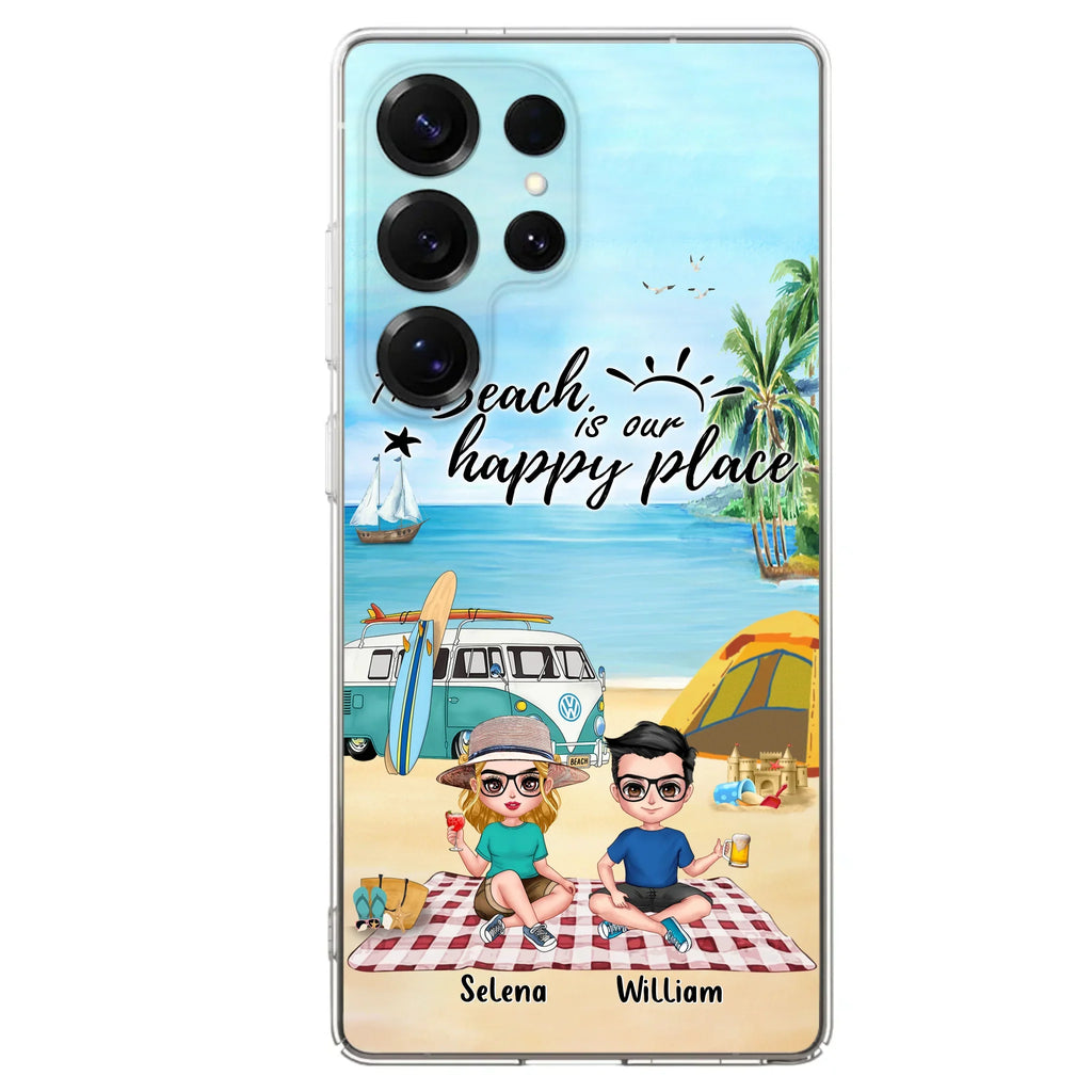 Custom Personalized Summer Beach Picnic Camping Phone Case - Upto 5 People - Gift Idea For Camping Couple/ Friends - The Beach Is Our Happy Place - Case For iPhone And Samsung