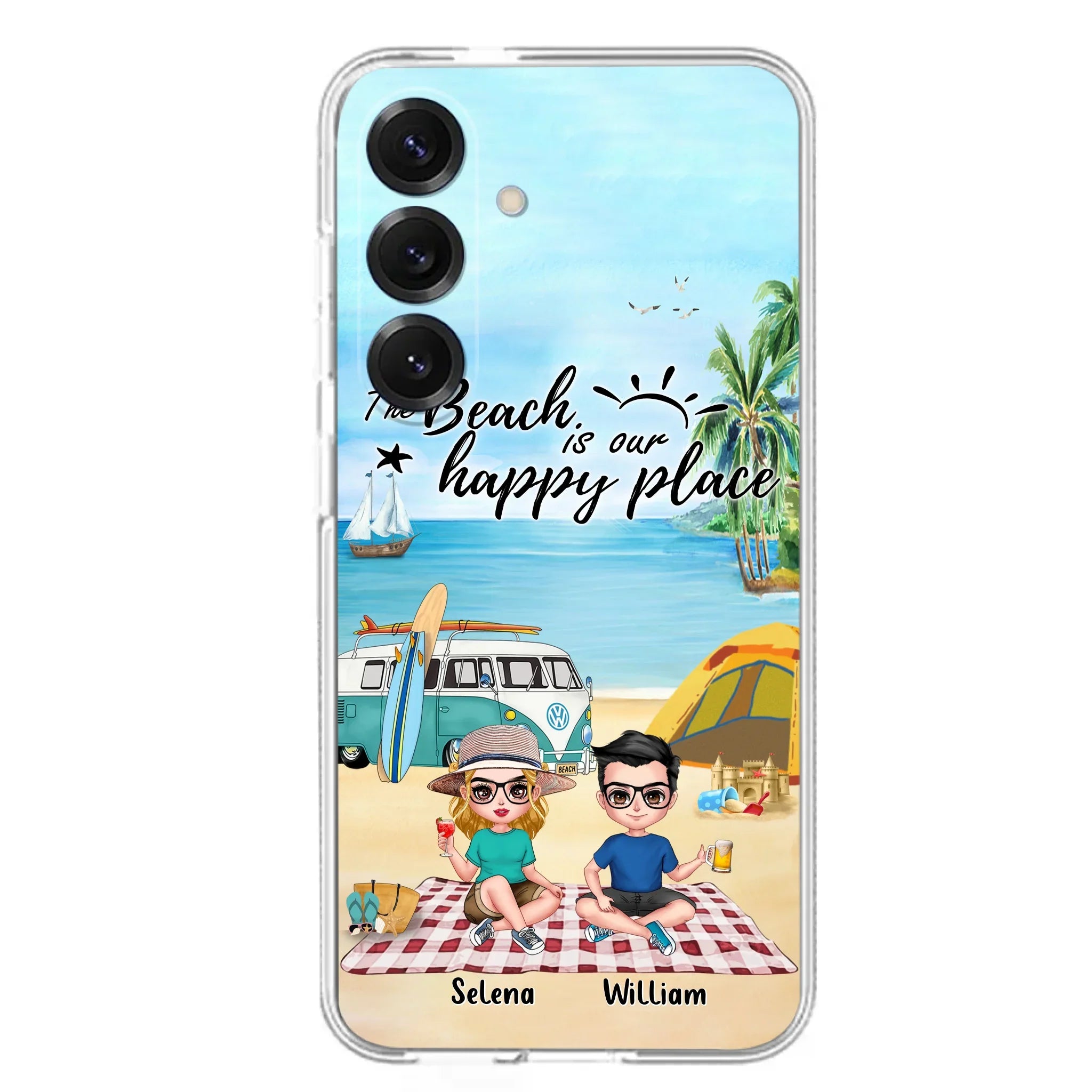 Custom Personalized Summer Beach Picnic Camping Phone Case - Upto 5 People - Gift Idea For Camping Couple/ Friends - The Beach Is Our Happy Place - Case For iPhone And Samsung