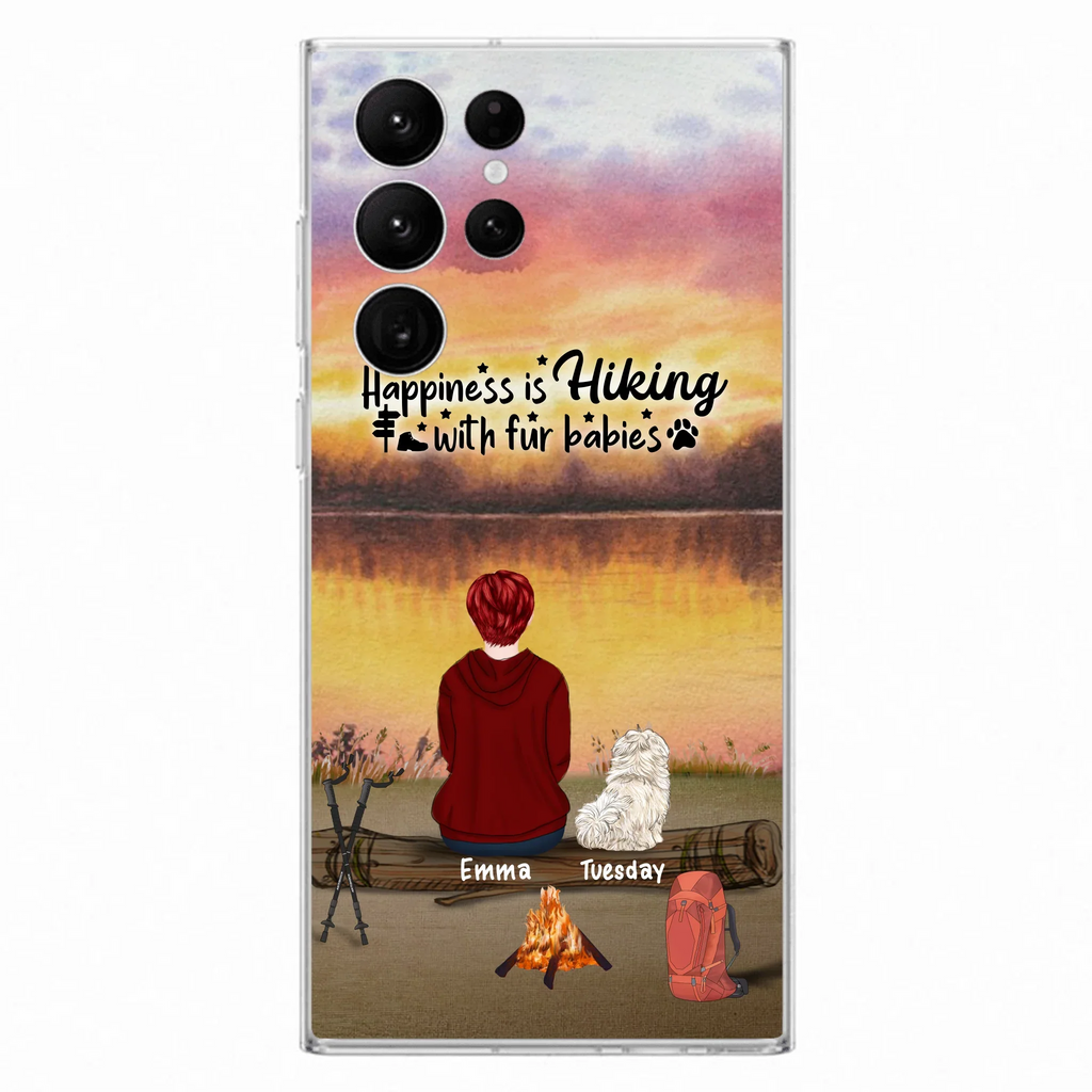 Custom Personalized Hiking Phone Case - Man/ Woman/ Couple With Upto 4 Pets - Gift For Cat/ Dog Lover - Happiness Is Hiking With Fur Babies - Case For iPhone And Samsung