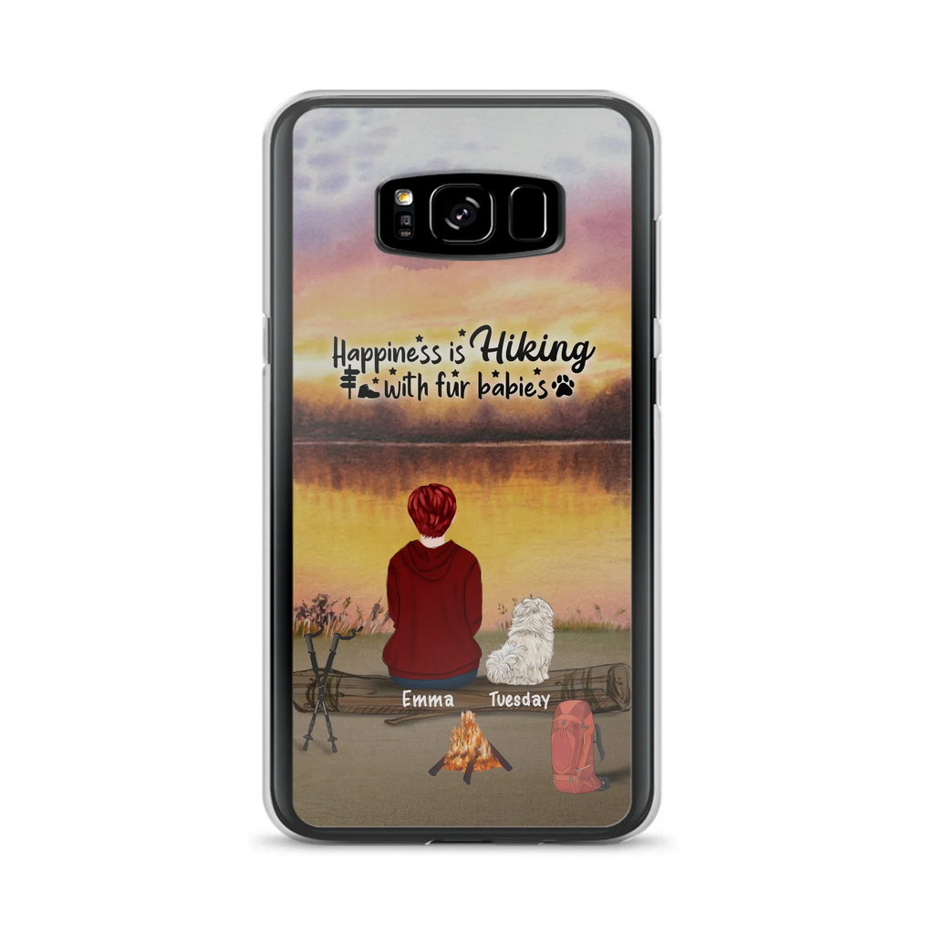 Custom Personalized Hiking Phone Case - Man/ Woman/ Couple With Upto 4 Pets - Gift For Cat/ Dog Lover - Happiness Is Hiking With Fur Babies - Case For iPhone And Samsung