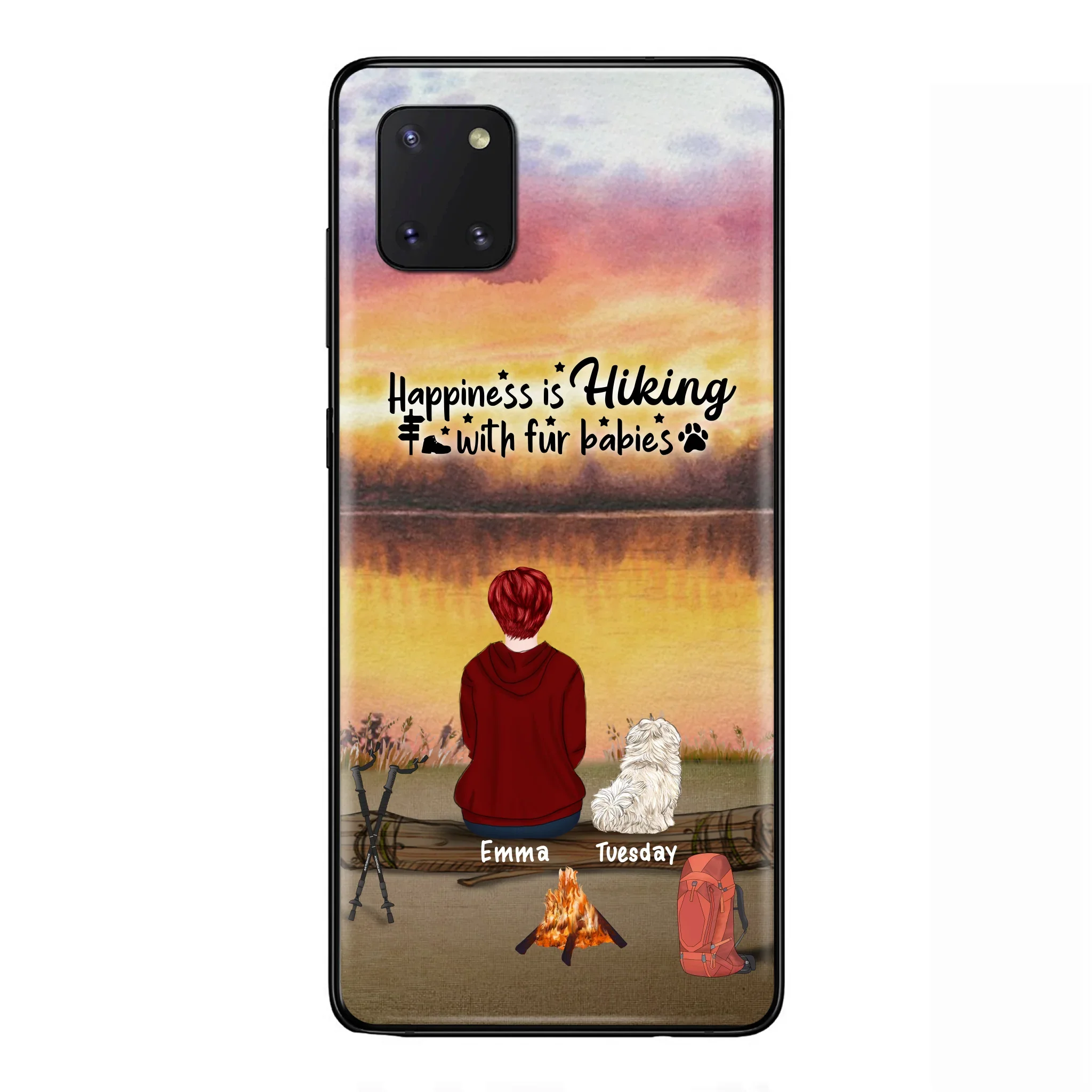 Custom Personalized Hiking Phone Case - Man/ Woman/ Couple With Upto 4 Pets - Gift For Cat/ Dog Lover - Happiness Is Hiking With Fur Babies - Case For iPhone And Samsung