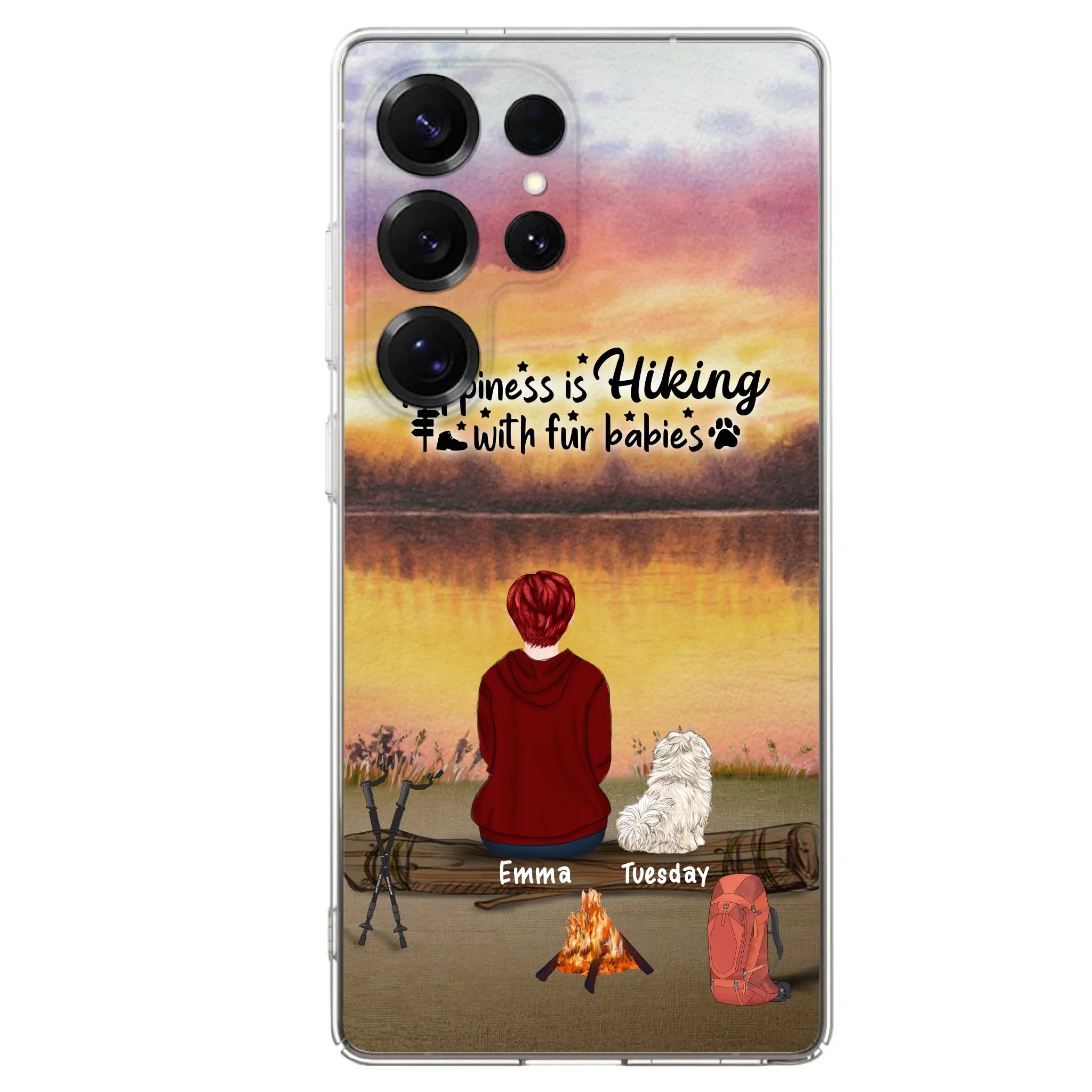 Custom Personalized Hiking Phone Case - Man/ Woman/ Couple With Upto 4 Pets - Gift For Cat/ Dog Lover - Happiness Is Hiking With Fur Babies - Case For iPhone And Samsung