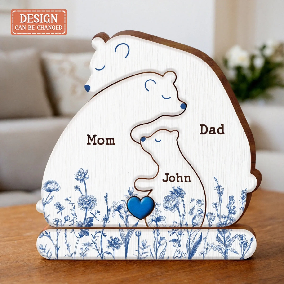 Personalized Hugging Bear Family Toile De Jouy Wooden Puzzle - Parents With Up to 3 Children - Gift Idea For Family