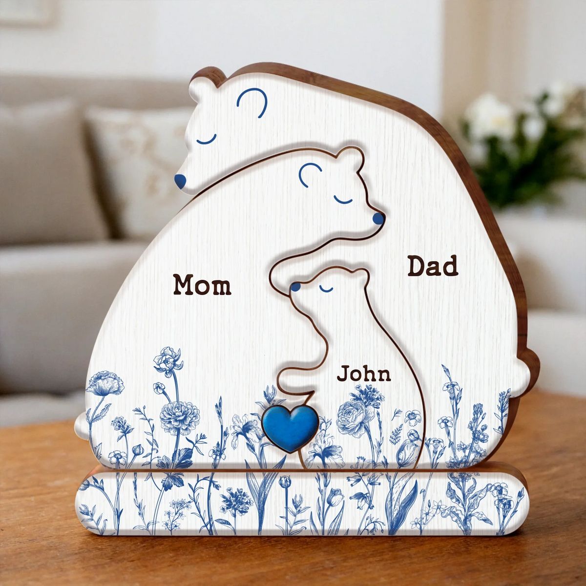 Personalized Hugging Bear Family Toile De Jouy Wooden Puzzle - Parents With Up to 3 Children - Gift Idea For Family