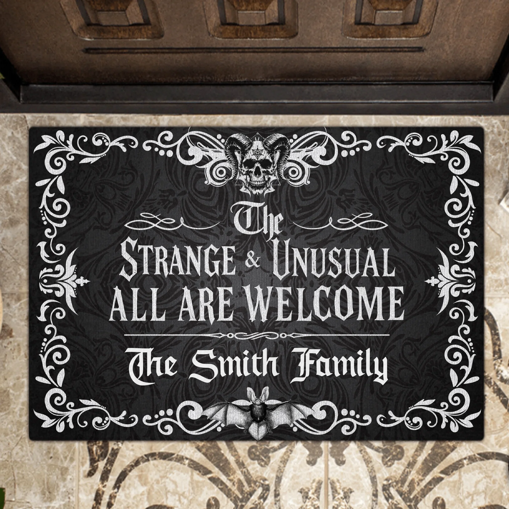 Personalized Gothic Doormat - Halloween Gift Idea For Family - The Strange & Unusual All Are Welcome