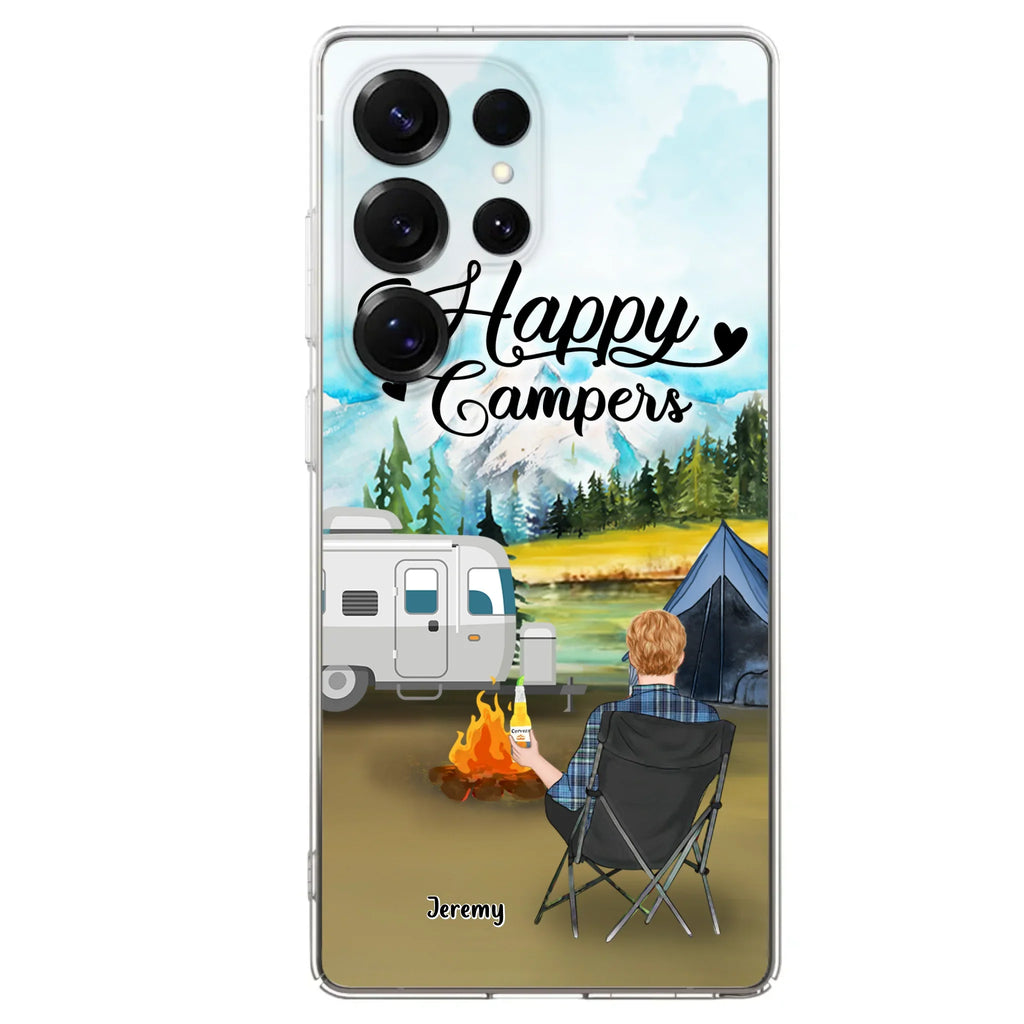 Personalized Camping Phone Case- Single Parent/ Couple With Upto 3 Dogs - Happy Campers - Phone Case For iPhone And Samsung