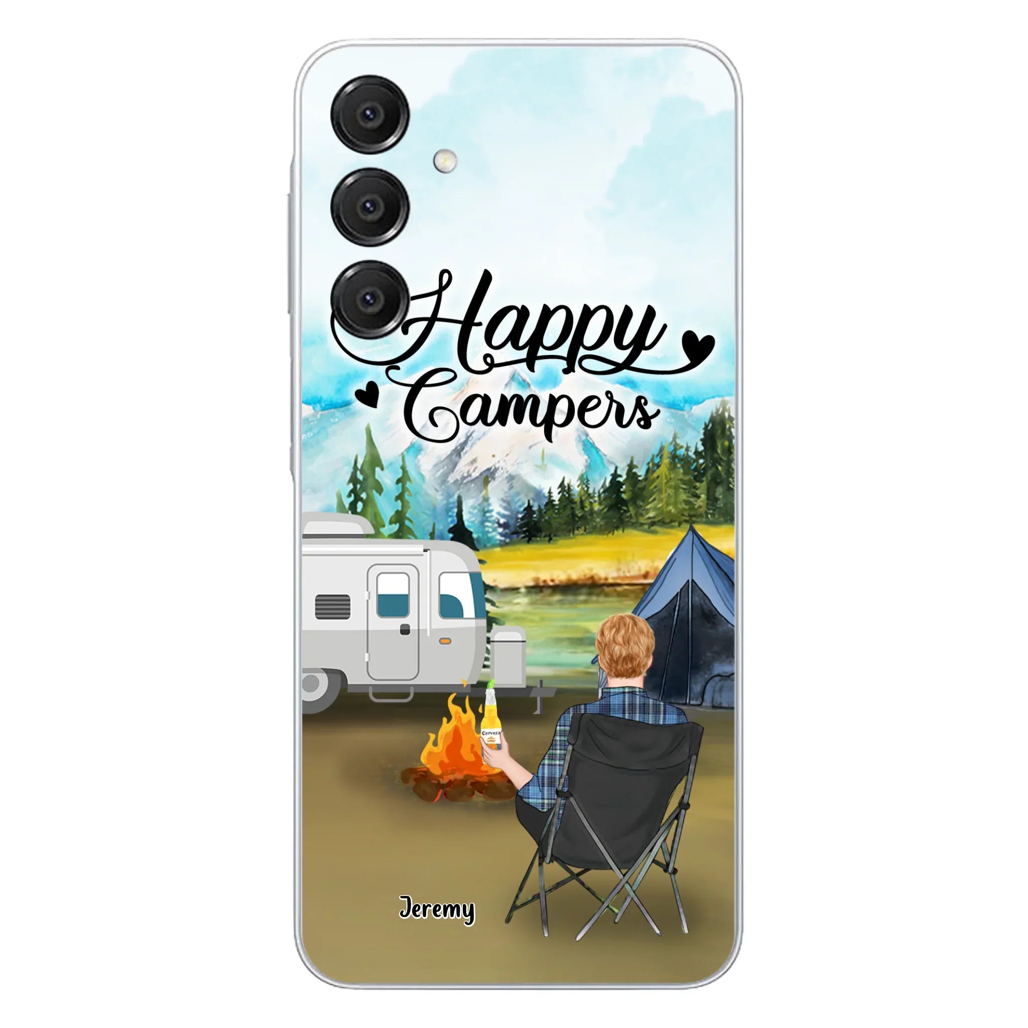 Personalized Camping Phone Case- Single Parent/ Couple With Upto 3 Dogs - Happy Campers - Phone Case For iPhone And Samsung