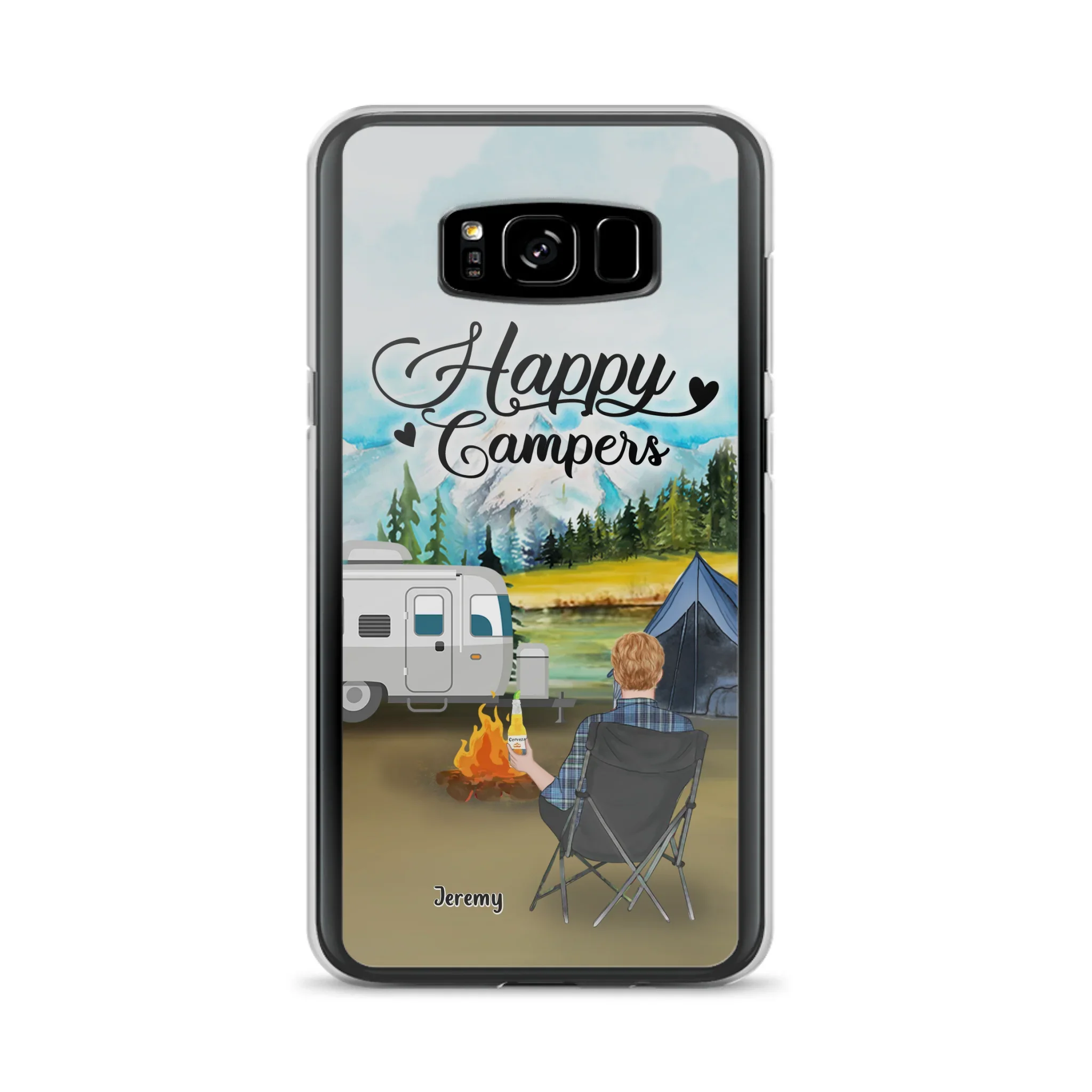 Personalized Camping Phone Case- Single Parent/ Couple With Upto 3 Dogs - Happy Campers - Phone Case For iPhone And Samsung