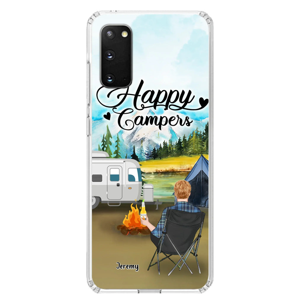 Personalized Camping Phone Case- Single Parent/ Couple With Upto 3 Dogs - Happy Campers - Phone Case For iPhone And Samsung