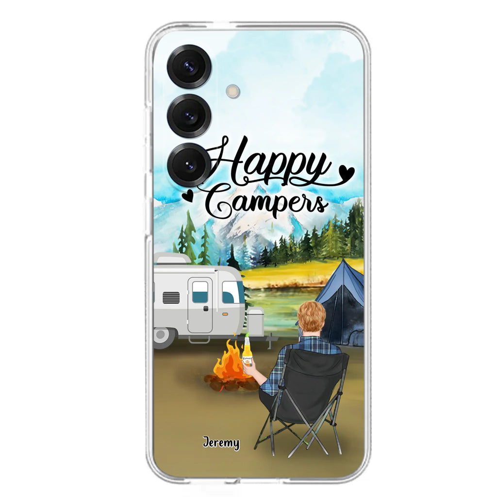 Personalized Camping Phone Case- Single Parent/ Couple With Upto 3 Dogs - Happy Campers - Phone Case For iPhone And Samsung