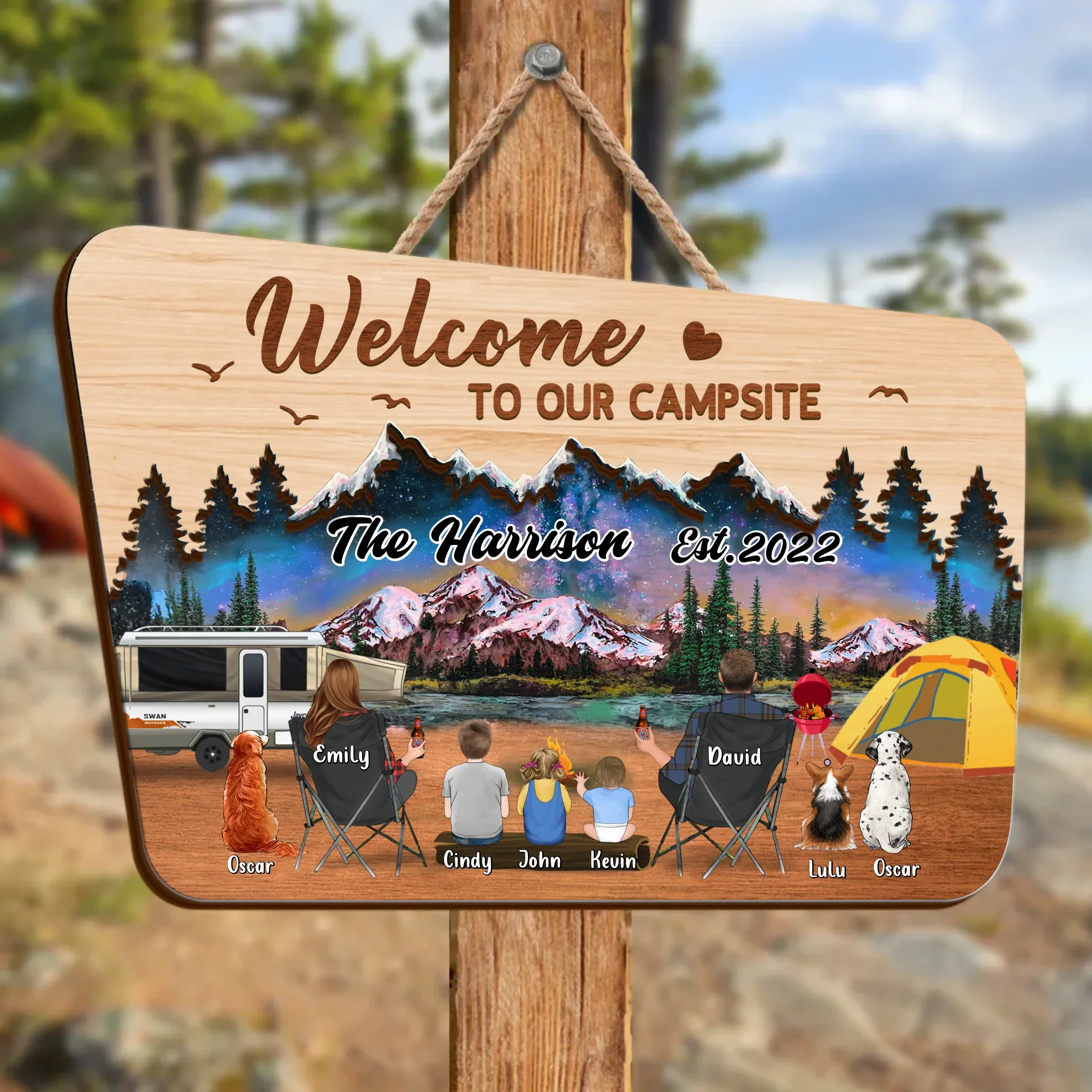 Personalized Camping Wooden Sign - Gift Idea For Camping Lover/Family - Parents/Couple With Up to 3 Kids And 3 Pets - Welcome To Our Campsite