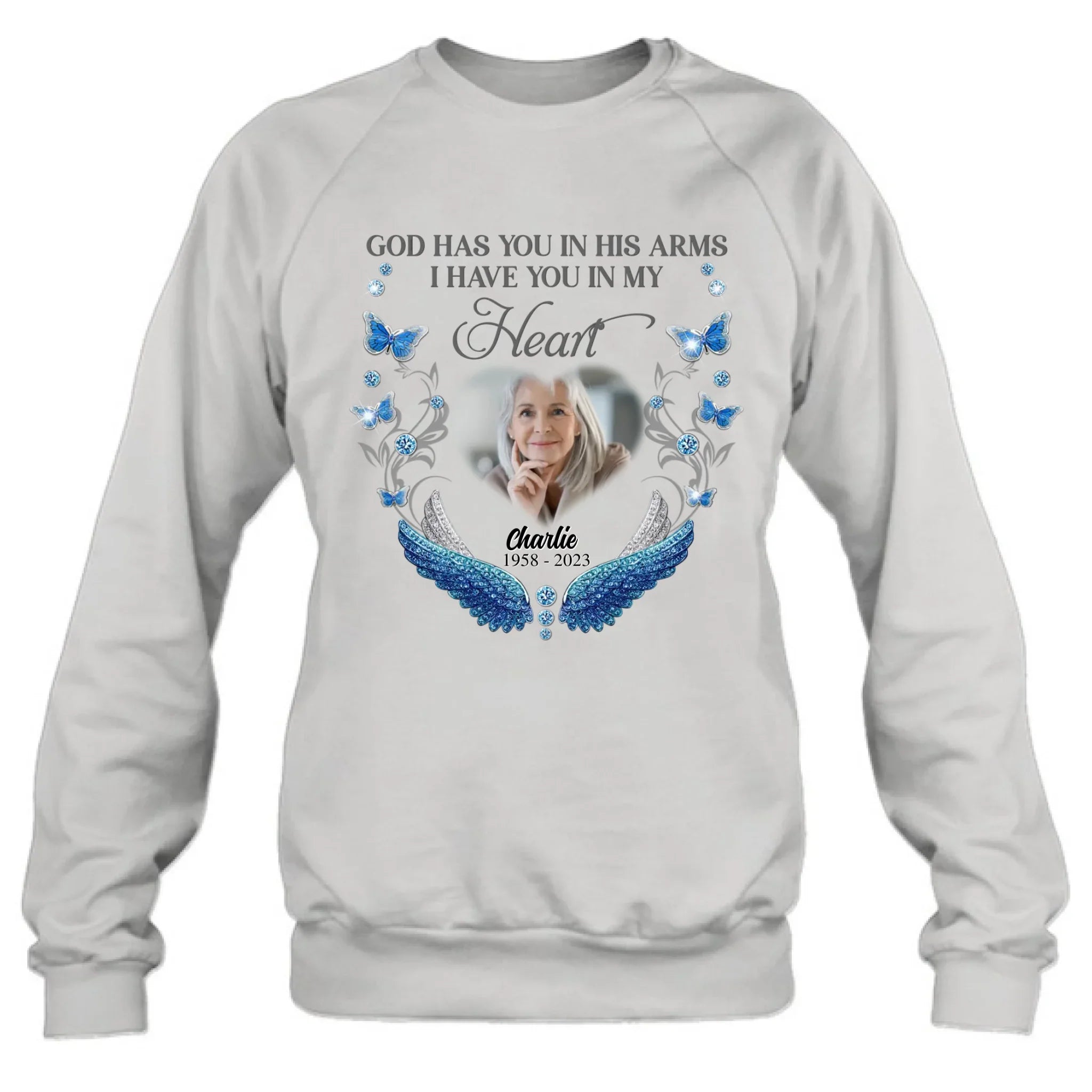 Personalized Memorial Photo Shirt/Hoodie - Memorial Gift Idea for Mother's Day/Father's Day - God Has You In His Arms I Have You In My Heart