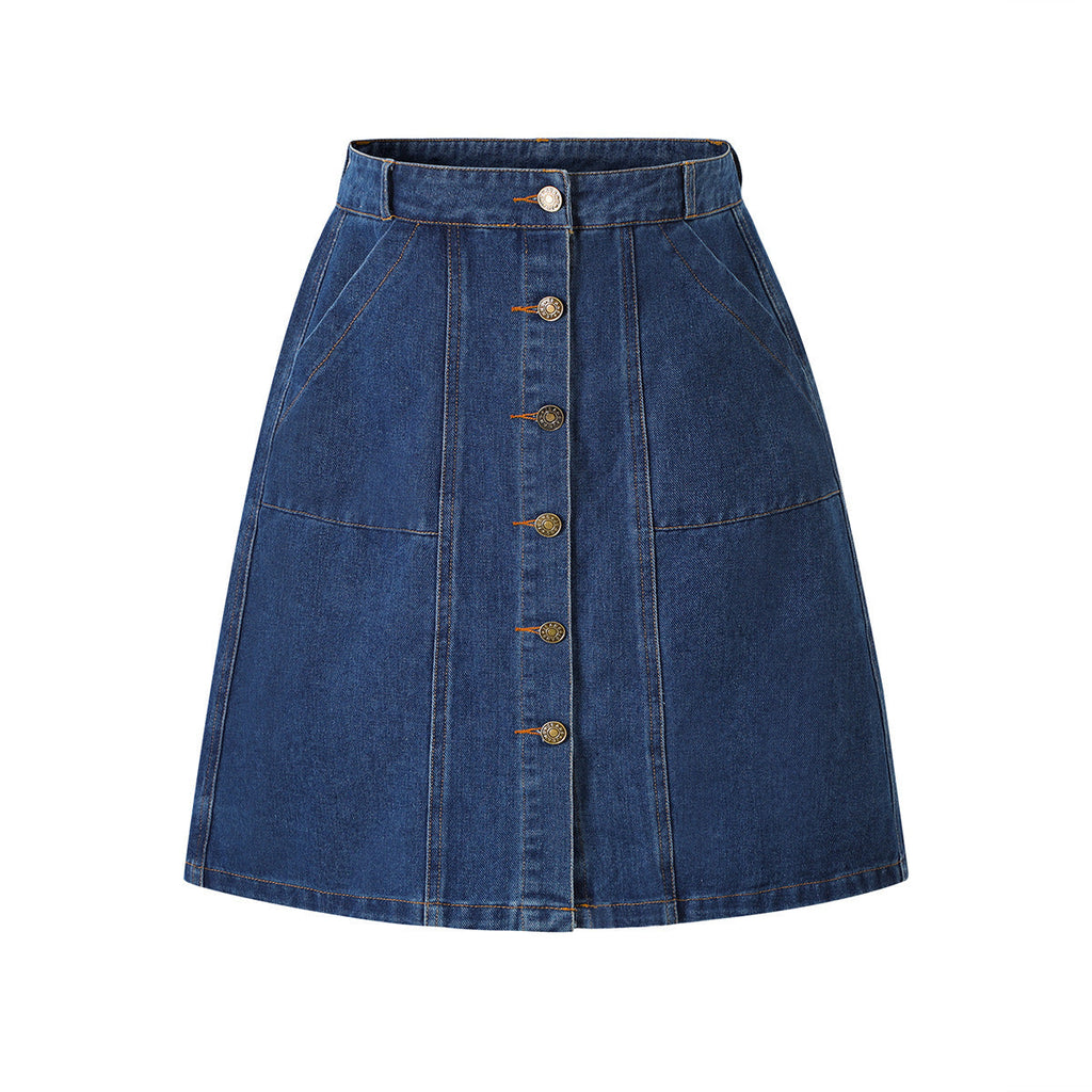 Solid-color Single-breasted Denim Skirt With Pockets