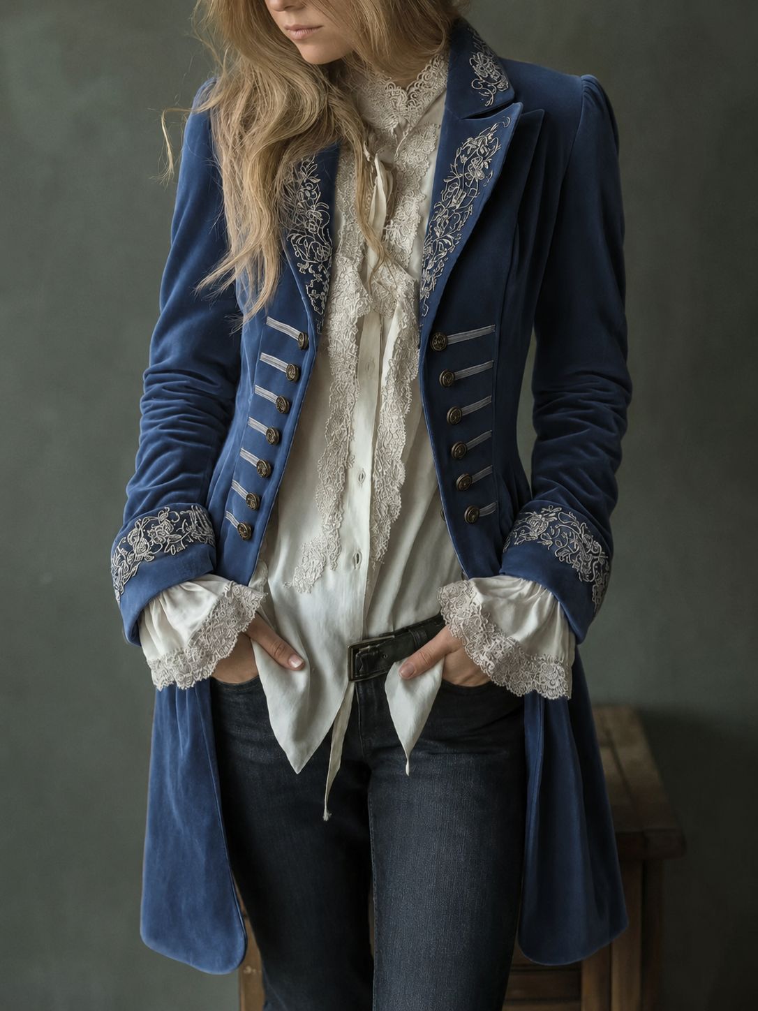Womens Long-sleeve Solid-color Patchwork Lace Gold-velvet Coat