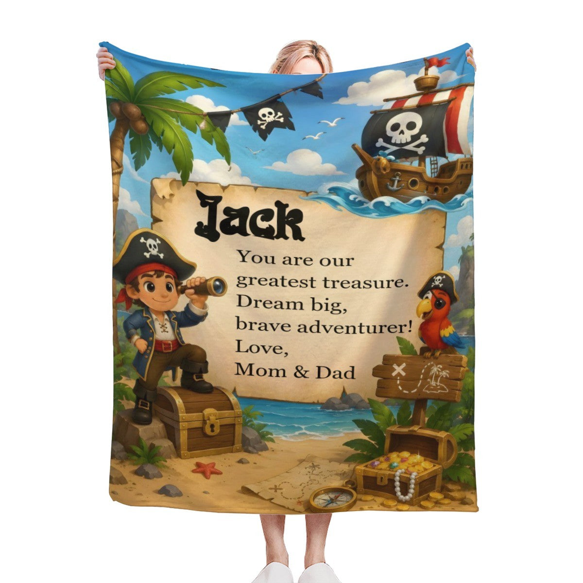 Personalized Pirate Treasure Throw Blanket for Kids | Soft Flannel Fleece Custom Name Gift