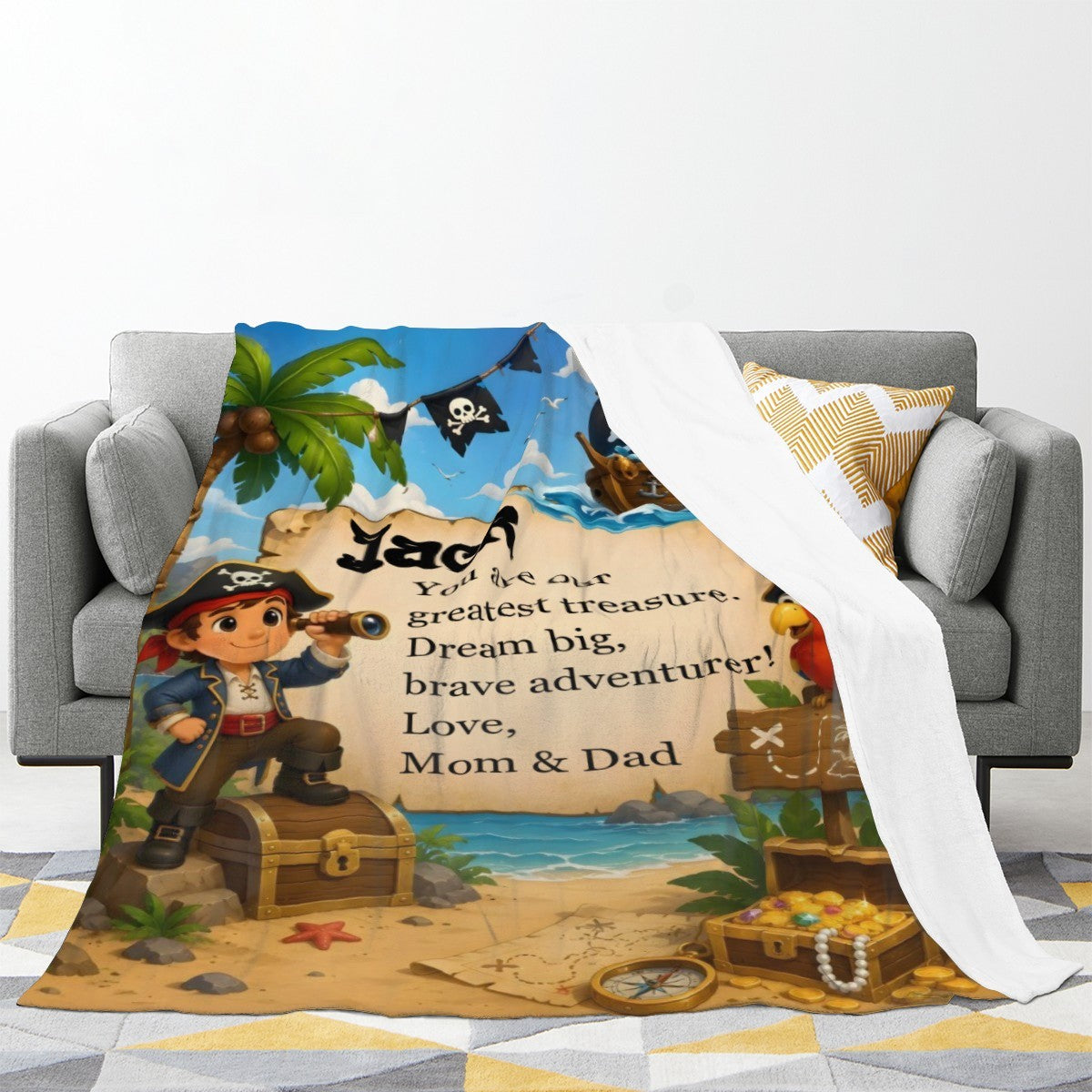 Personalized Pirate Treasure Throw Blanket for Kids | Soft Flannel Fleece Custom Name Gift
