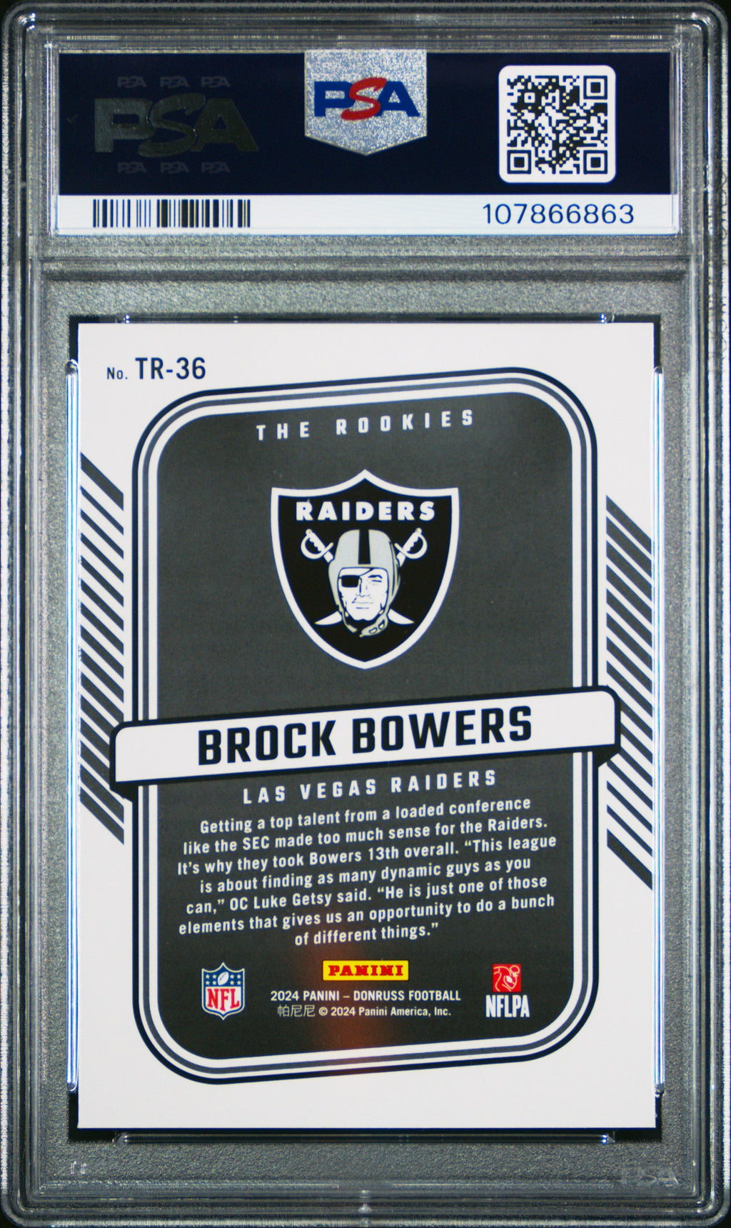 Graded 2024 Panini Donruss Brock Bowers #TR36 The Rookies Rookie RC Football Card PSA 10 Gem Mint