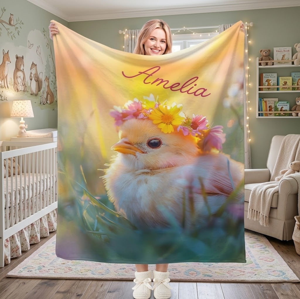 Personalized Name Blanket | Cute Fluffy Bird with Flower Crown | Kids Gift