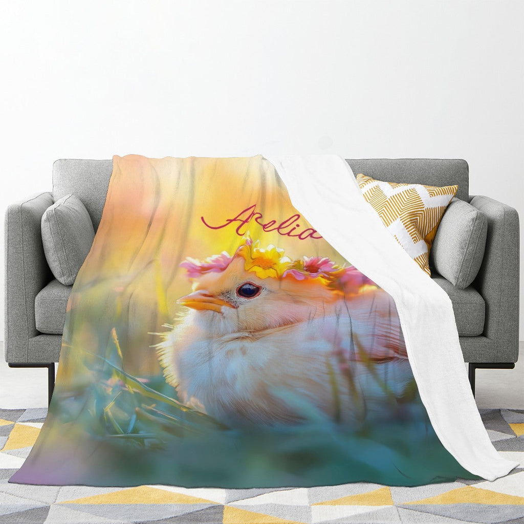 Personalized Name Blanket | Cute Fluffy Bird with Flower Crown | Kids Gift