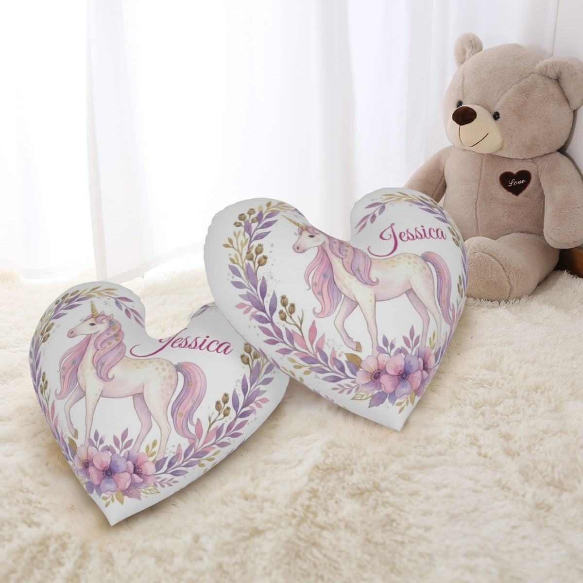 Personalized Unicorn Heart Pillow – Custom Name Gift – Cotton Filling Included