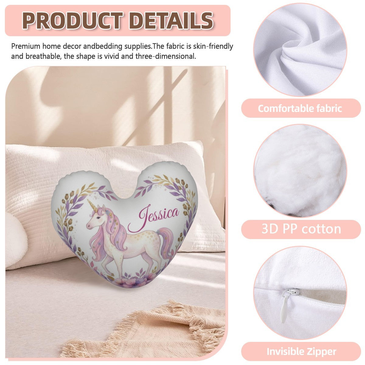Personalized Unicorn Heart Pillow – Custom Name Gift – Cotton Filling Included
