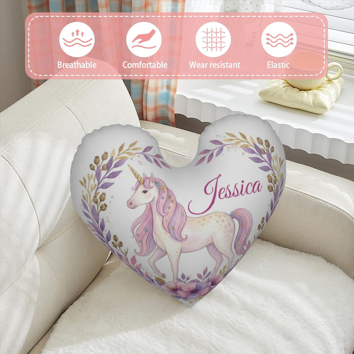 Personalized Unicorn Heart Pillow – Custom Name Gift – Cotton Filling Included